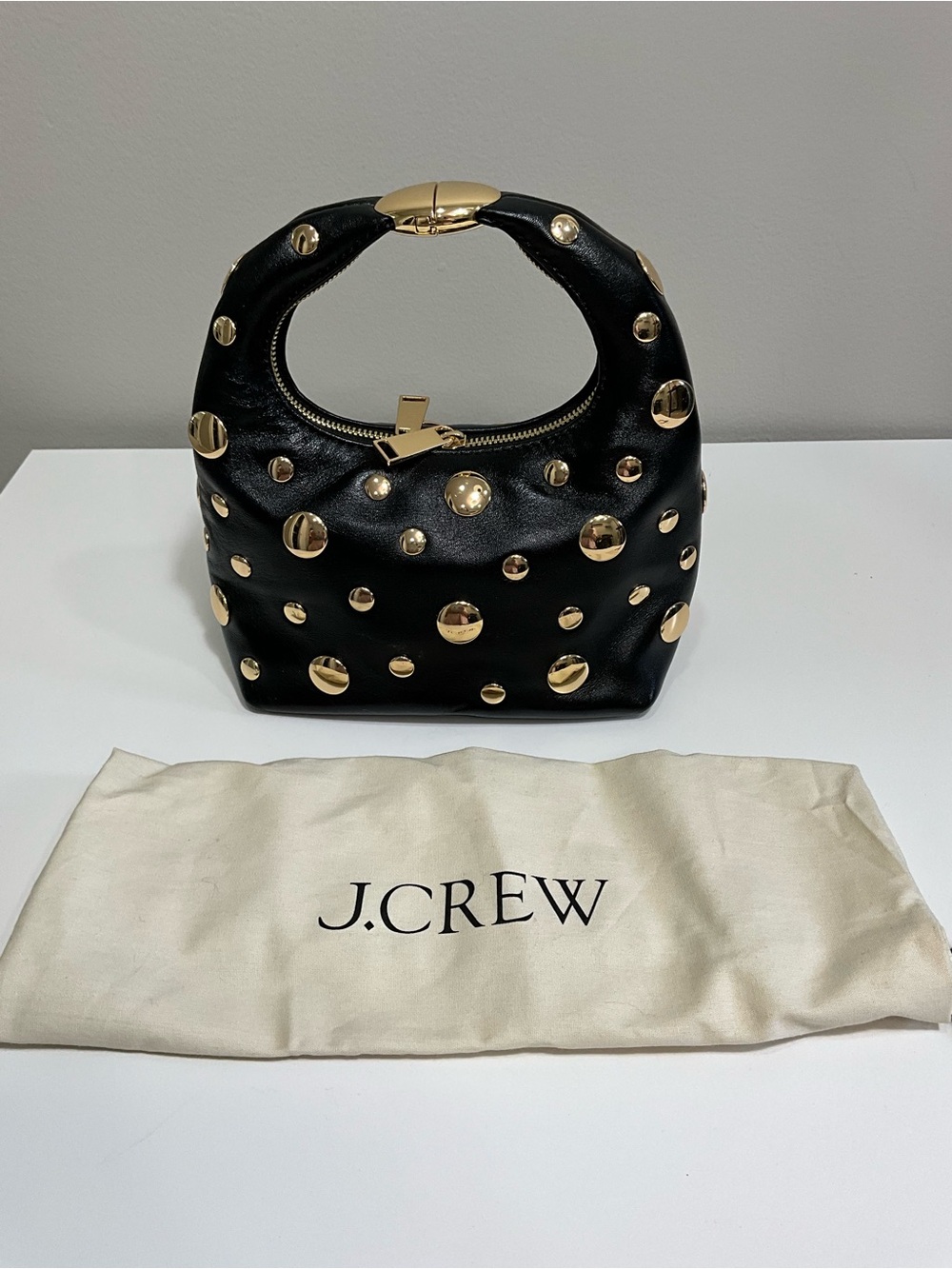 J.CREW Studded Lamb Leather Mini Top Handle Bag Black Gold Grommet Evening Purse